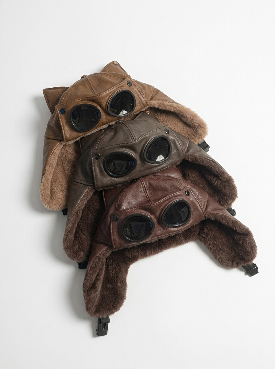 AconaStudio Goggle Pilot Bomber Hat – PU leather, integrated goggles