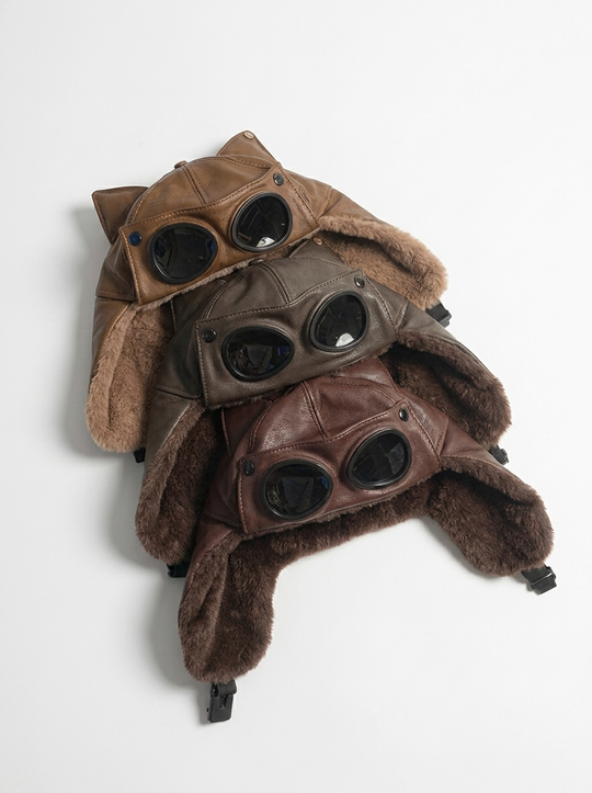 AconaStudio Goggle Pilot Bomber Hat – PU leather, integrated goggles