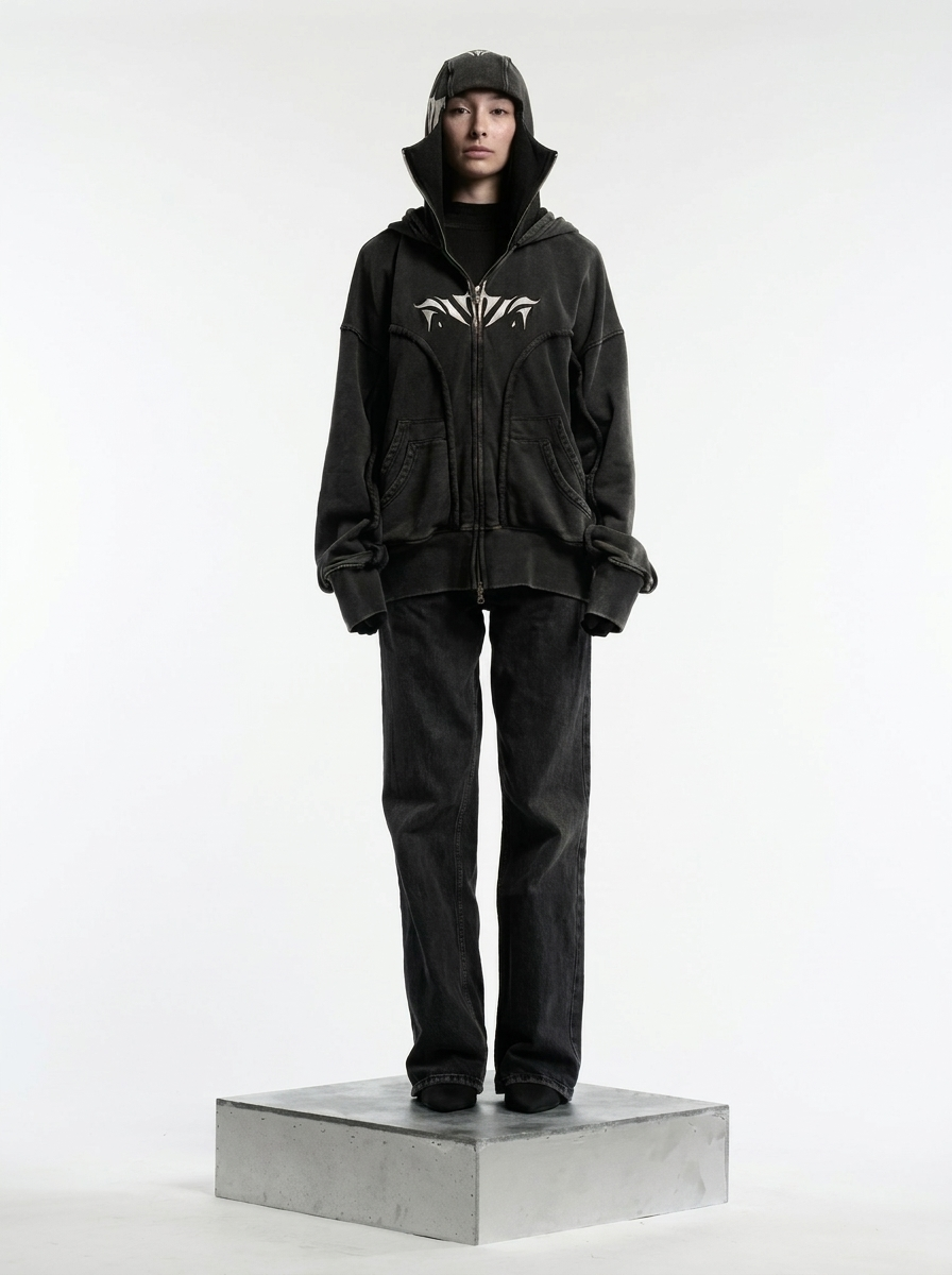 AconaStudio Balaclava Ninja Zip-Up Hoodie – oversized, washed finish