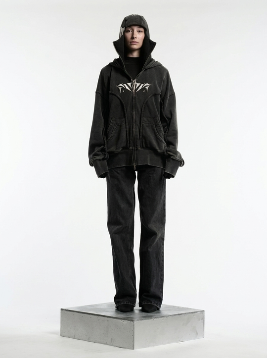 AconaStudio Balaclava Ninja Zip-Up Hoodie – oversized, washed finish
