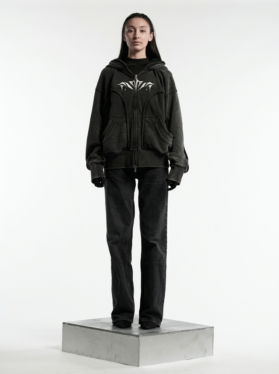 AconaStudio Balaclava Ninja Zip-Up Hoodie – oversized, washed finish