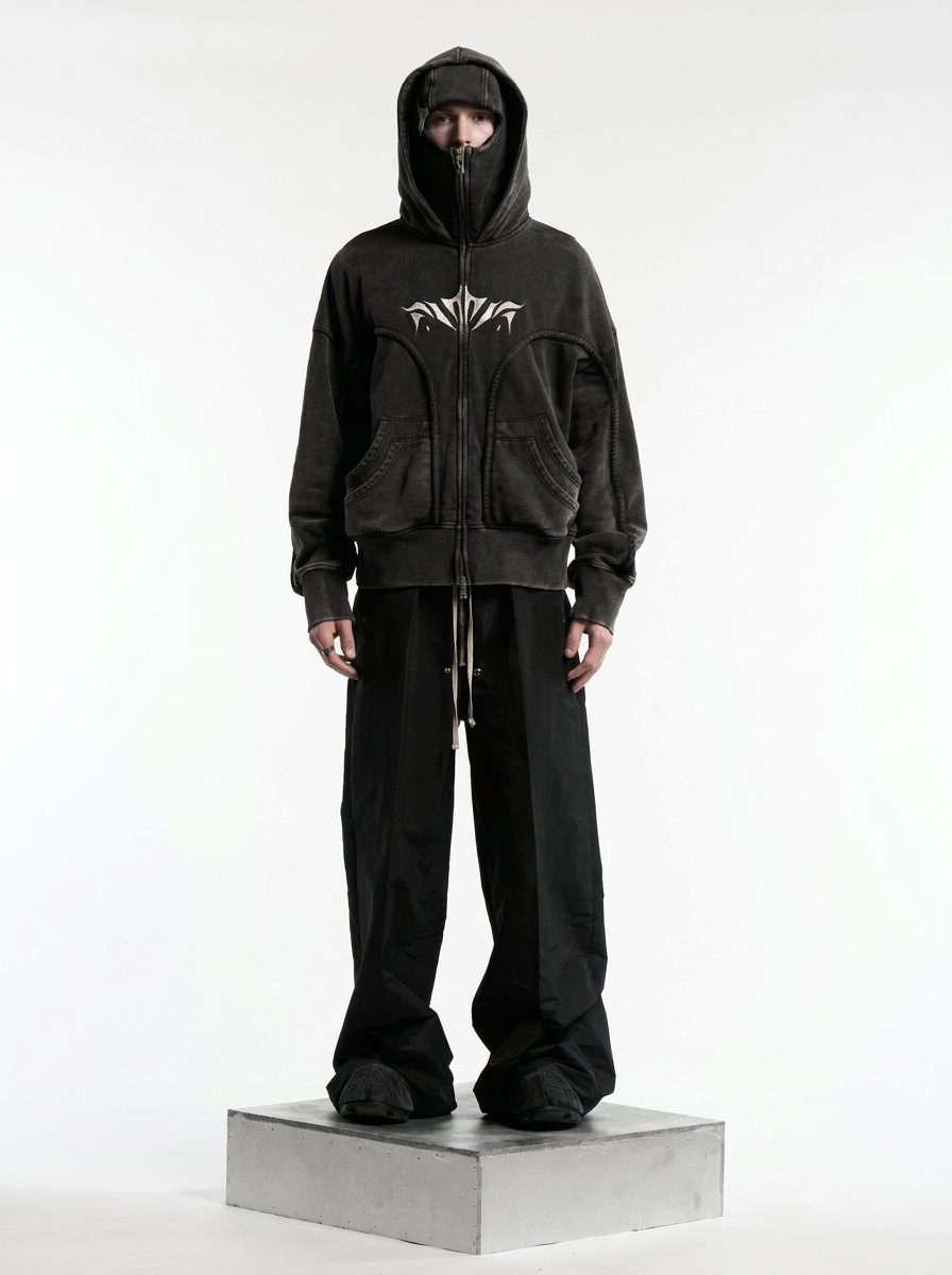 AconaStudio Balaclava Ninja Zip-Up Hoodie – oversized, washed finish