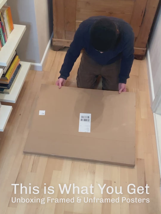 Unboxing video of AconaStudio posters, showing how framed and unframed art prints arrive, the protective packaging and the print quality up close
