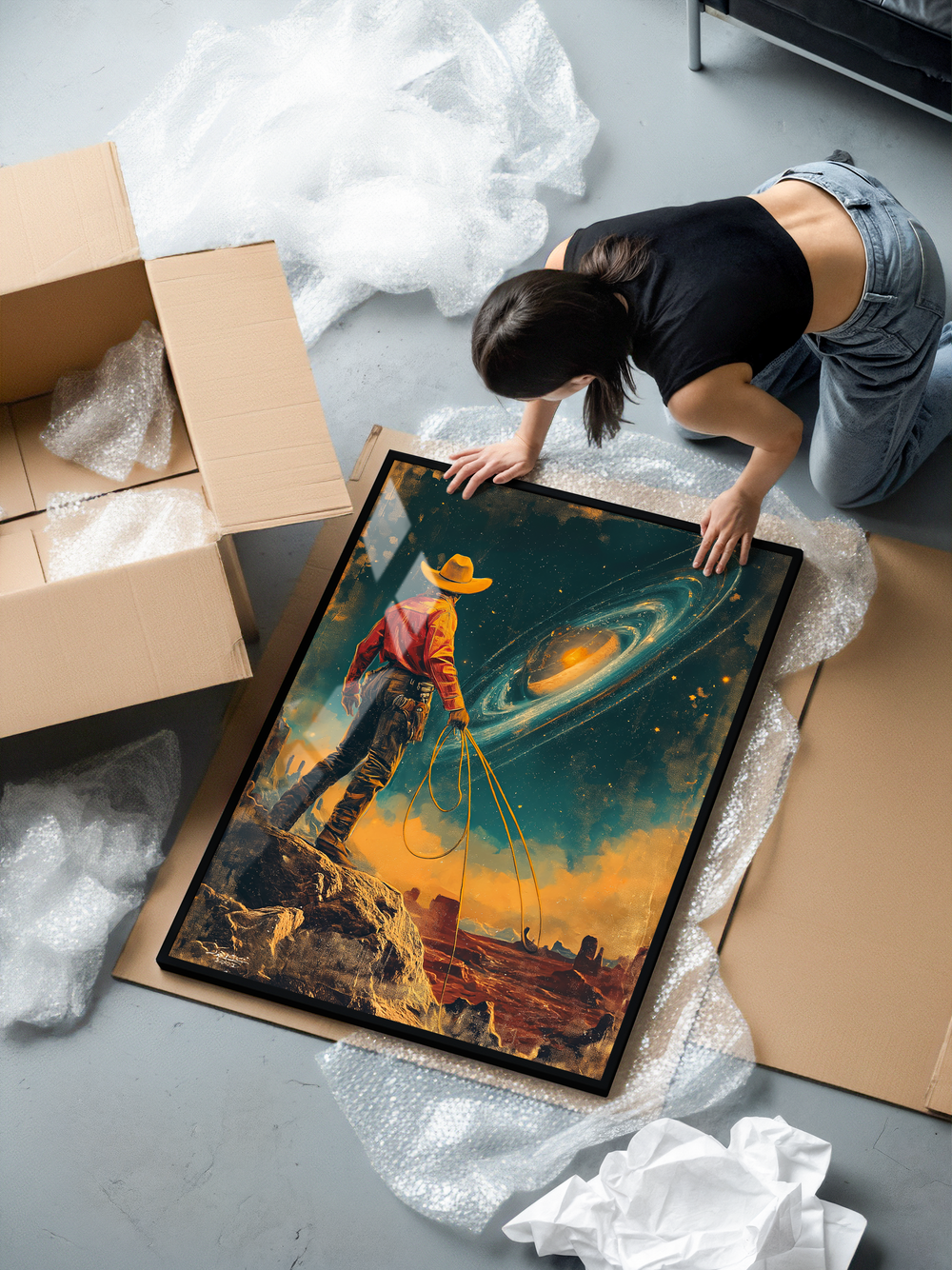 A premium framed art print showing a cosmic cowboy overlooking a glowing galaxy from a rocky desert cliff. The vibrant sci-fi western design blends surreal fantasy with warm orange and deep teal tones. Printed on museum-grade 200 gsm matte paper with a black aluminum frame and shatterproof plexiglass, crafted for long-lasting quality and elegant interior decor.